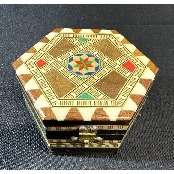 Vintage Victor Molero Inlaid Wooden Hexagon Trinket Box Hand Made In Spain - Picture 1 of 13